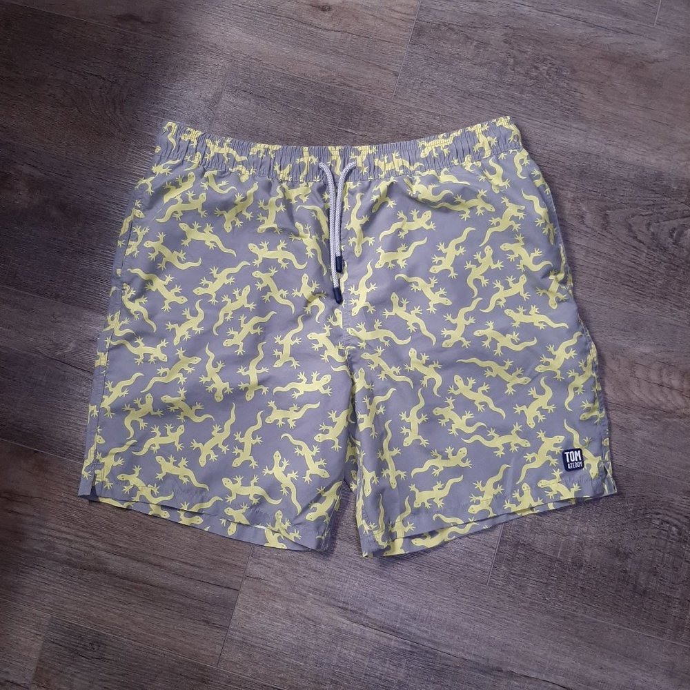 Tom & Teddy Swim Trunks Neon Yellow Gray Gecko All Over Print Drawstring Shorts